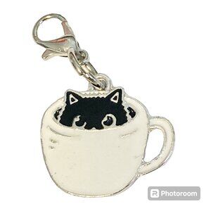 Black Cat Clip On Charm Zipper Pull Purse Enamel Coffee Cup Halloween Cat Lady